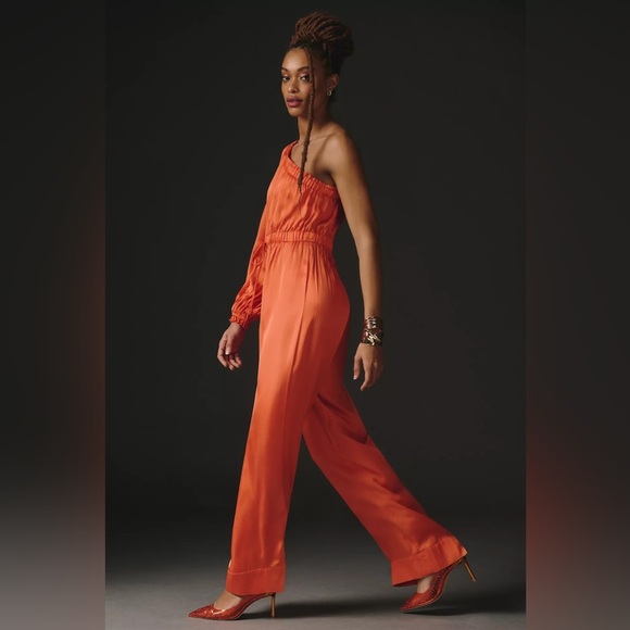 Farm Rio x Anthropologie One Shoulder Jumpsuit Satin Feel Orange Size Medium EUC - Picture 2 of 10